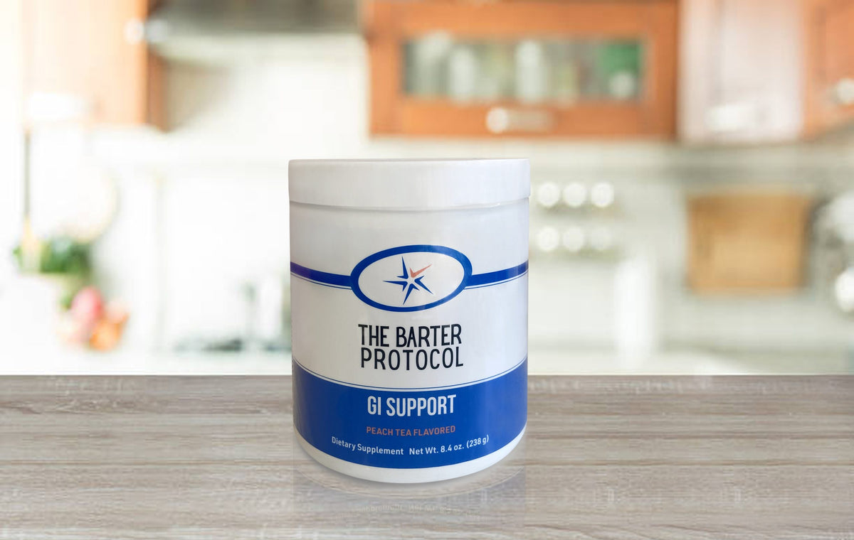 Container of 'The Barter Protocol GI Support' on a kitchen counter
