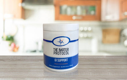 Container of 'The Barter Protocol GI Support' on a kitchen counter